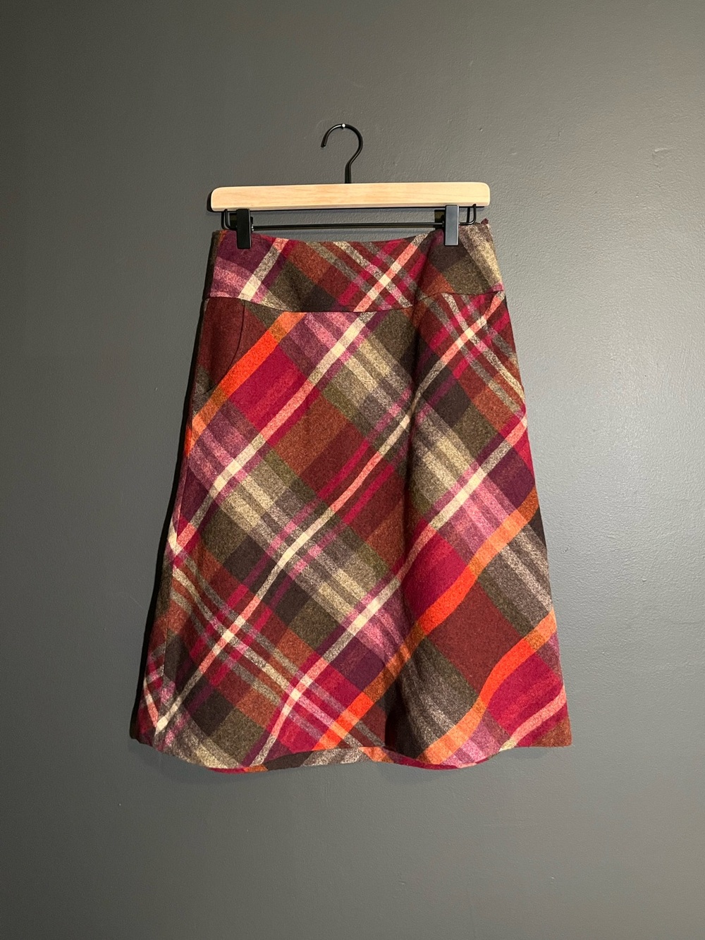 Talbots 100% Wool Plaid A-Line Skirt Size 6 Burgundy Olive Orange